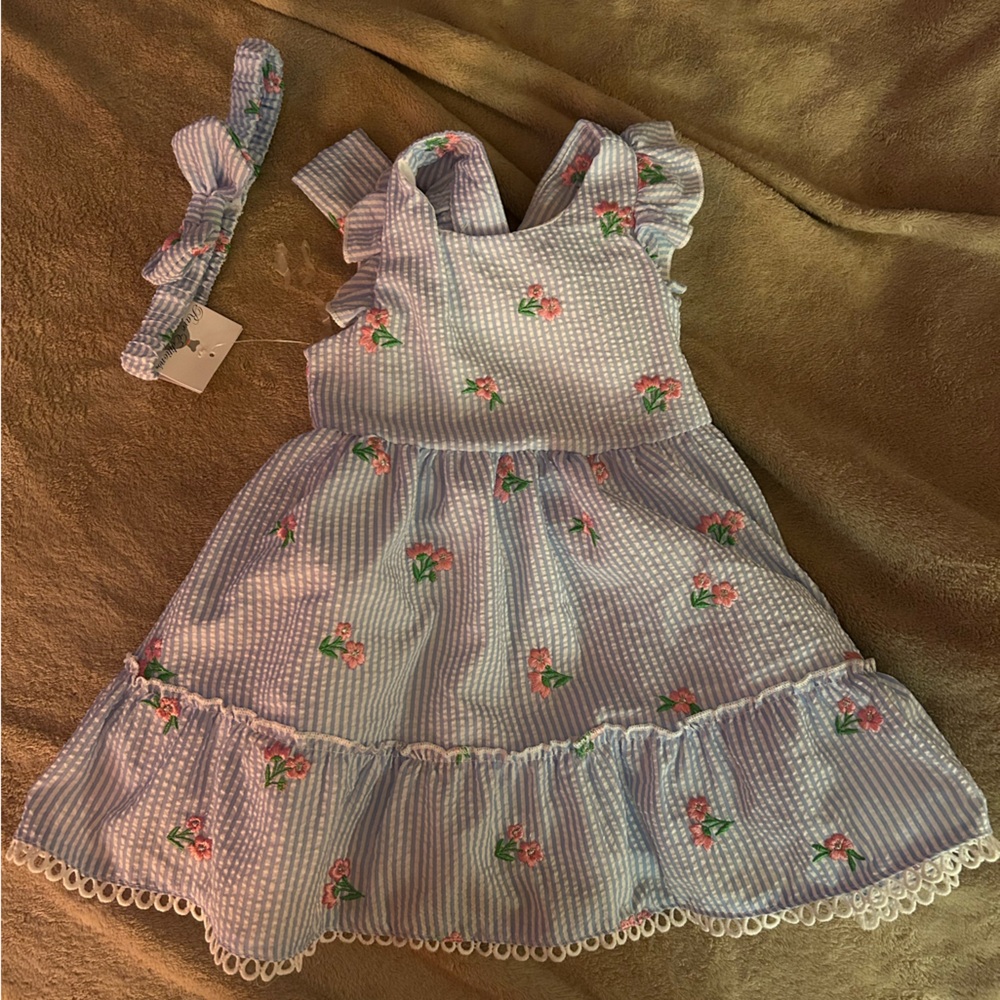Blue Seersucker Floral Dress with Matching Headband
